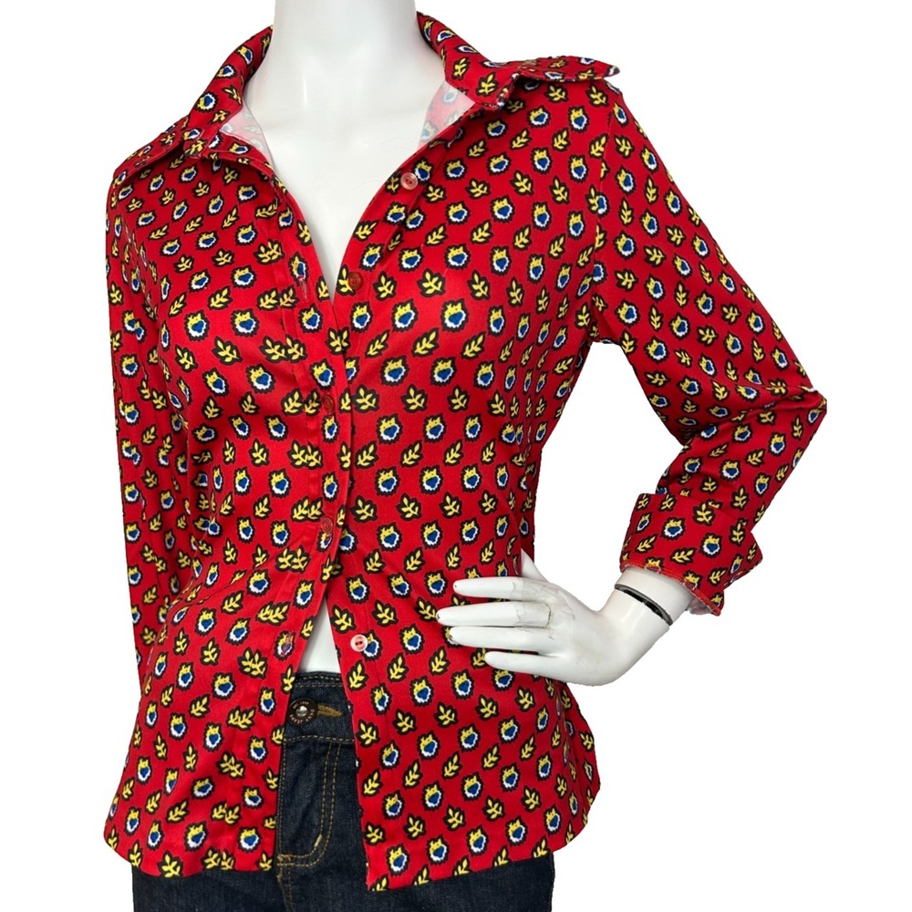 70s Jack Winter Blouse Retro Print Size Medium Dagger Collar Red Long Sleeve